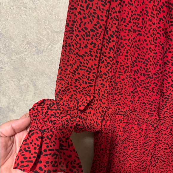 TALBOTS Red Black Leopard Print Lined Blouson Dress Size 10 - Picture 3 of 5